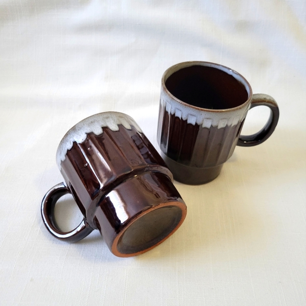 Vintage Brown Drip Glaze Stackable Mug Set of 2